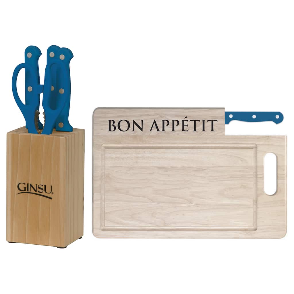 Ginsu Essential Series 7-Piece Blue Stainless Steel Serrated Knife Set and Cutting Board Combo