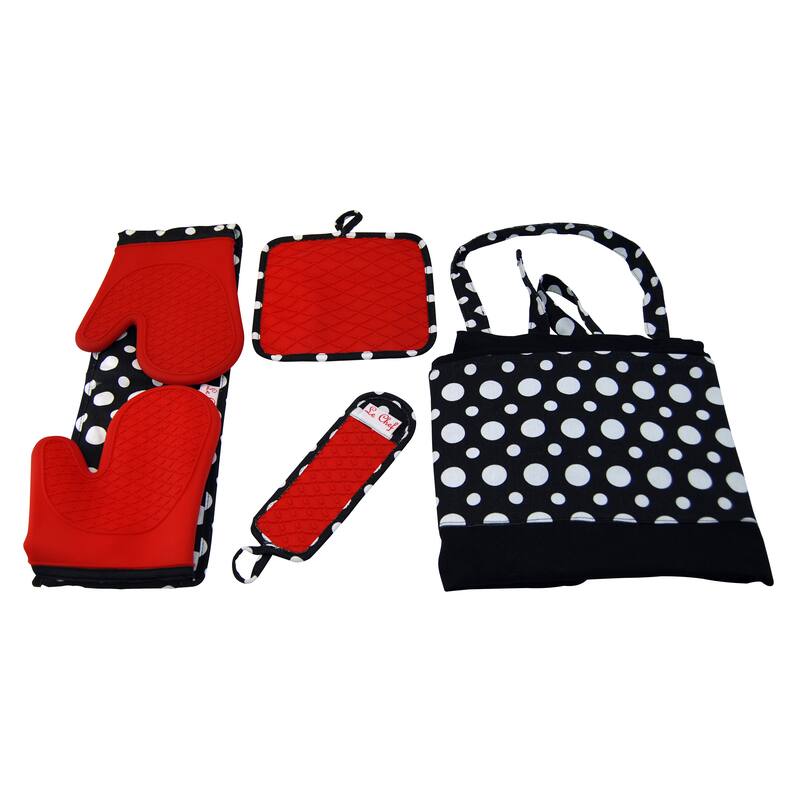 Le Chef 4-piece Dot Apron Set - RED AND BLACK