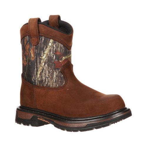 Boys' Rocky 8in Ride Wellington 3633 Dark Brown Leather/Mossy Oak Break Up Nylon