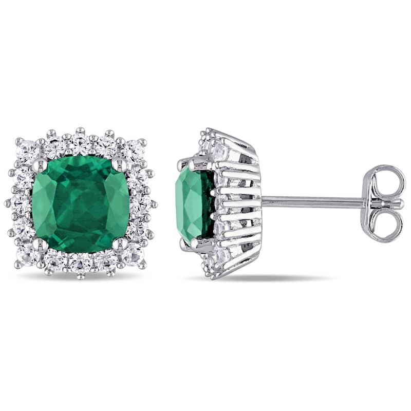 Miadora Sterling Silver Created Emerald and Created White Sapphire Halo Stud Earrings - Green