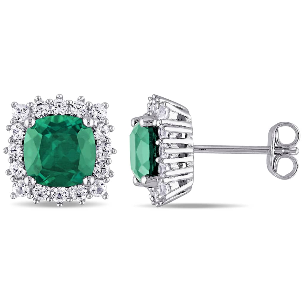 Miadora Sterling Silver Created Emerald and Created White Sapphire Halo Stud Earrings - Green