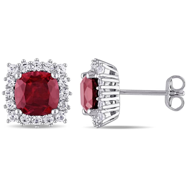 Miadora Sterling Silver Created Ruby and Created White Sapphire Halo Stud Earrings - Red