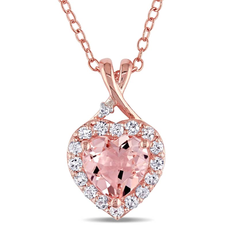 Miadora Rose Plated Sterling Silver Morganite, Created White Sapphire and Diamond Accent Heart Halo Necklace - Pink