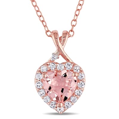 Miadora Rose Plated Sterling Silver Morganite, Created White Sapphire and Diamond Accent Heart Halo Necklace - Pink