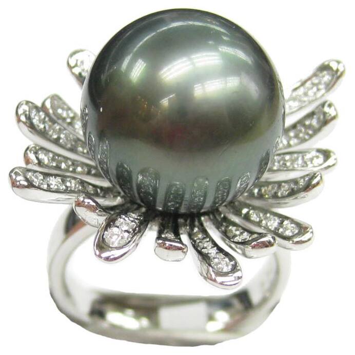 Kabella Luxe 18k White Gold Tahitian Pearl and Diamond Ring (14-15 mm)