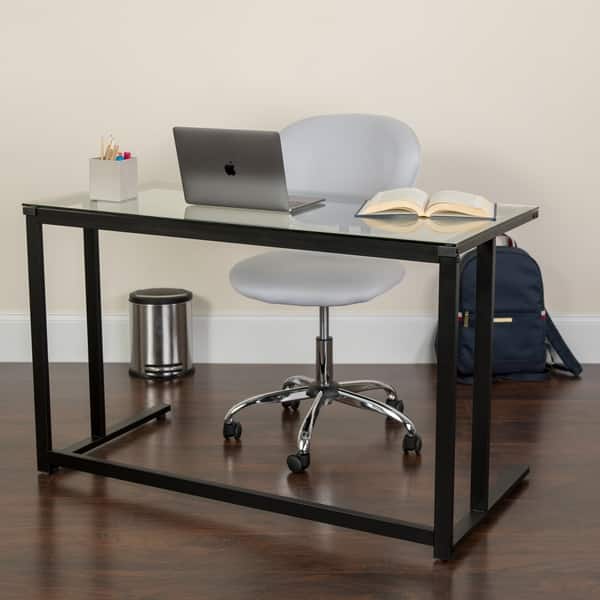 Shop Glass Top Desk With Black Pedestal Metal Frame Home Office