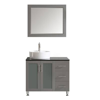 Vinnova Tuscany 36-inch Single Grey Vanity with White Vessel Sink, Glass Countertop, and Mirror