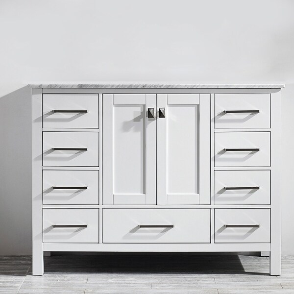Vinnova Gela 48-inch White Single Vanity with Carrera White Marble Top without Mirror. Opens flyout.