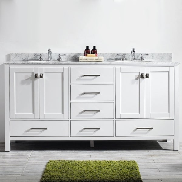 Vinnova Gela 72-inch White Double Vanity with Carrera White Marble Top without Mirror