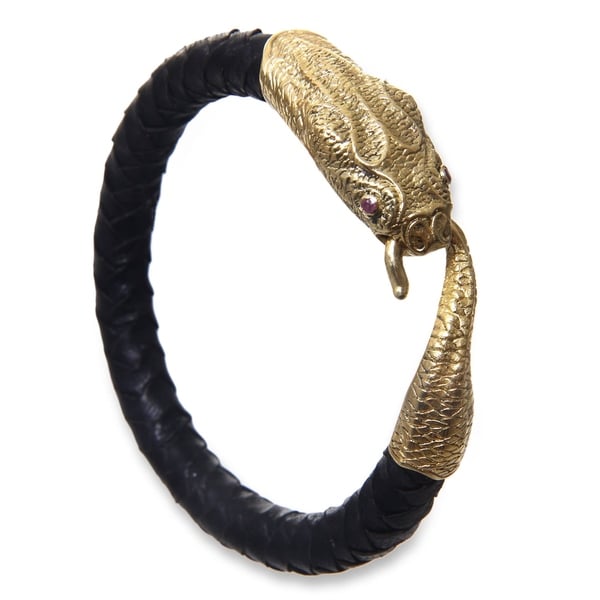 NOVICA Handmade Men's Leather Golden Baru Klinting Amethyst Bracelet (Indonesia). Opens flyout.