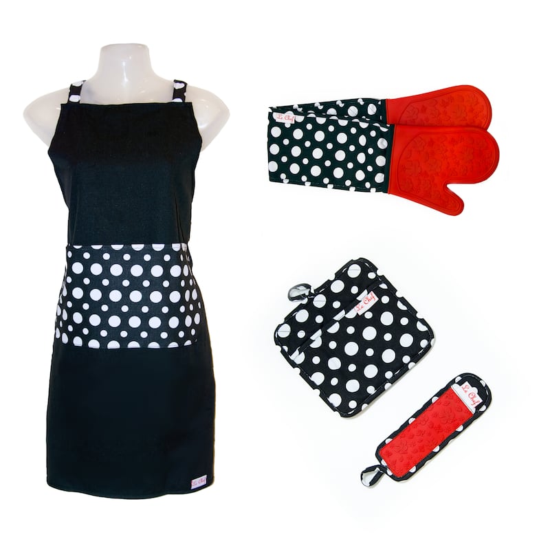 Le Chef 4-piece Dot Floral Apron Set - RED