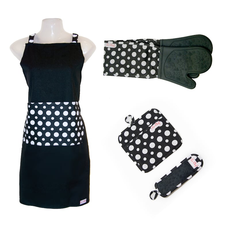 Le Chef 4-piece Dot Floral Apron Set - BLACK
