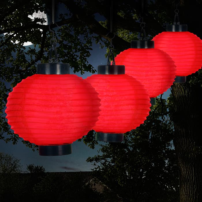 Pure Garden Outdoor Solar Chinese Lanterns - LED - Set of 4 - Red