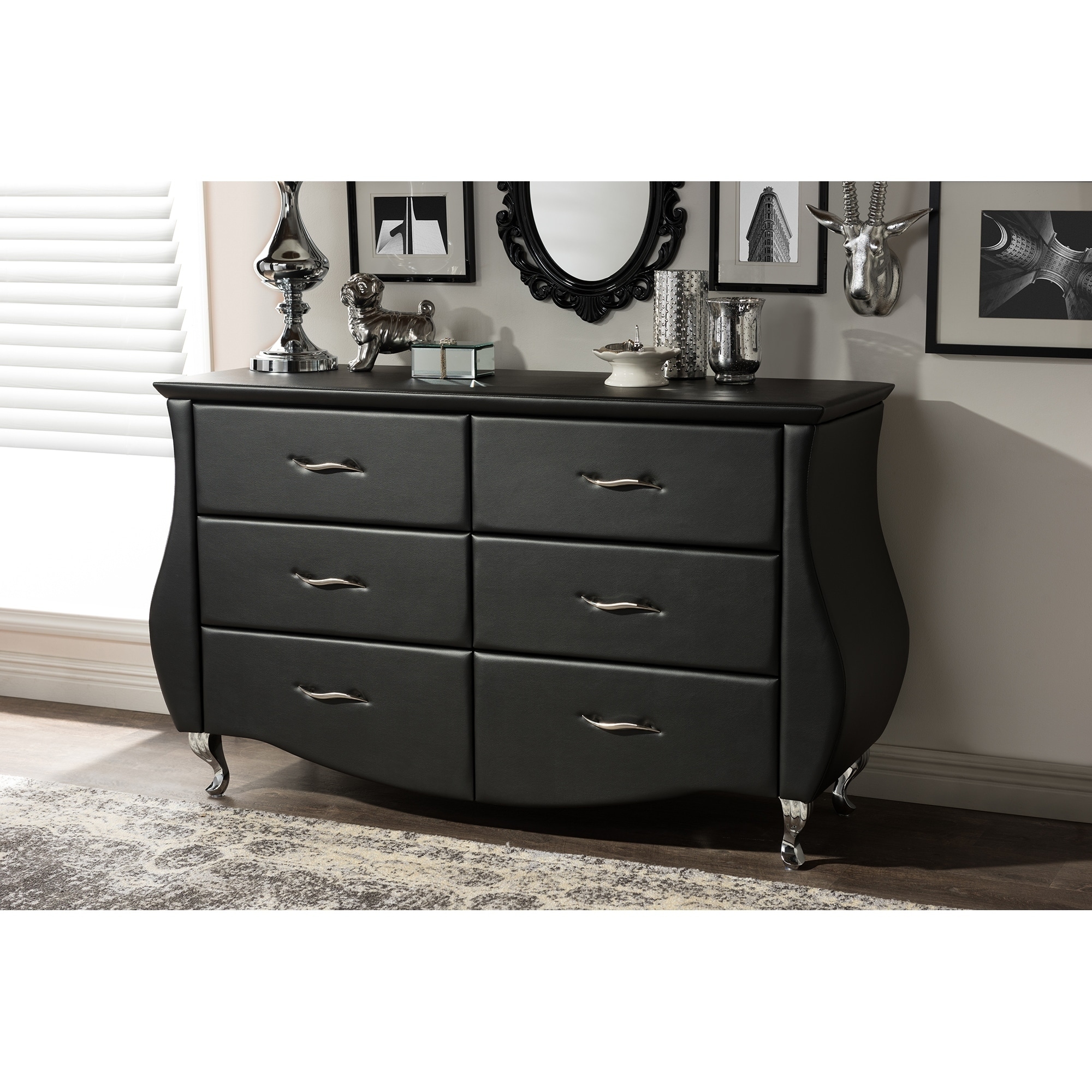 Shop Contemporary Black Faux Leather 6 Drawer Dresser Overstock