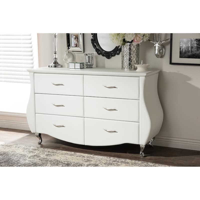 Contemporary White Faux Leather 6-Drawer Dresser