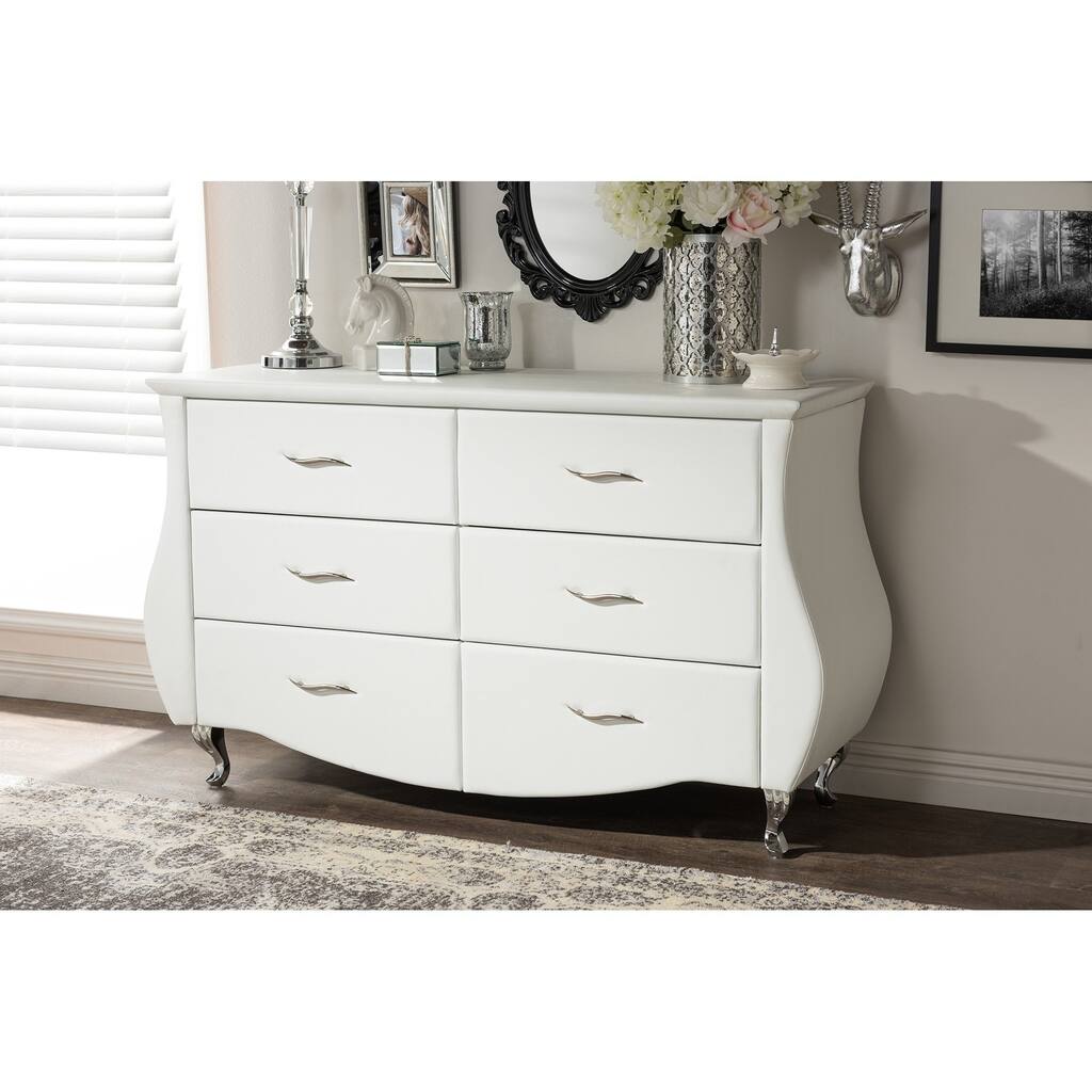 Contemporary White Faux Leather 6-Drawer Dresser