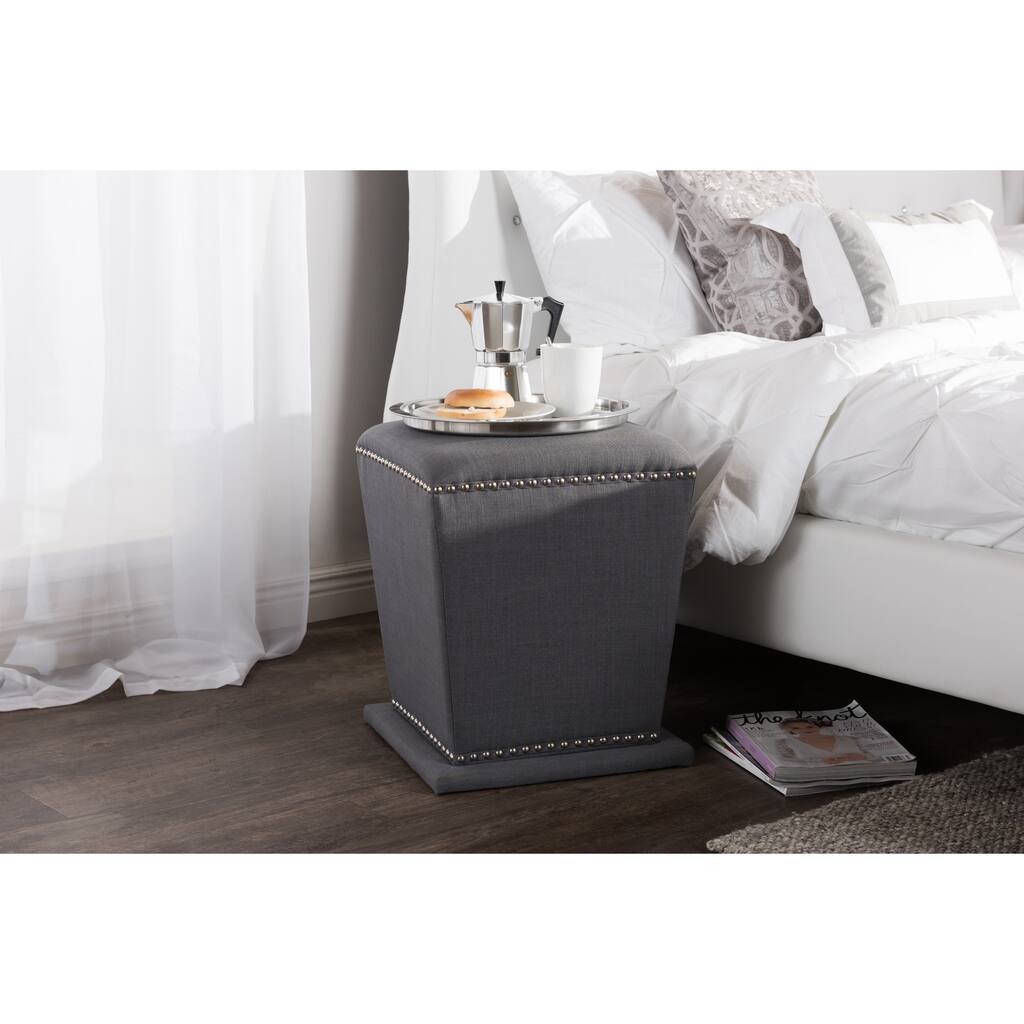 Baxton Studio Beverly Contemporary Grey Linen Upholstered Nailhead Ottoman Stool
