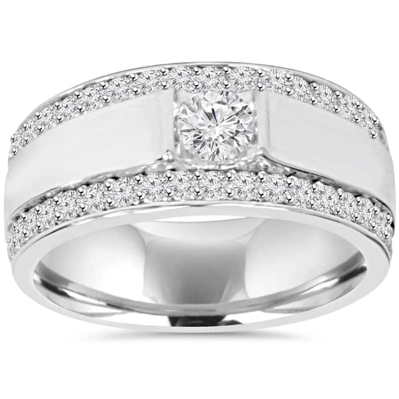 10K White Gold 1 7/ 8 TDW Diamond Double Row Mens Ring - 6 - White