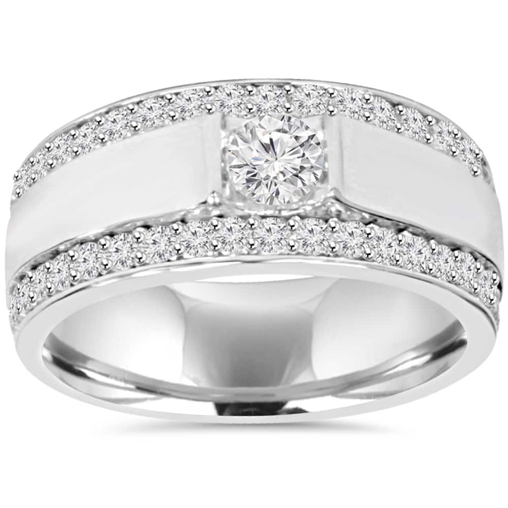10K White Gold 1 7/ 8 TDW Diamond Double Row Mens Ring