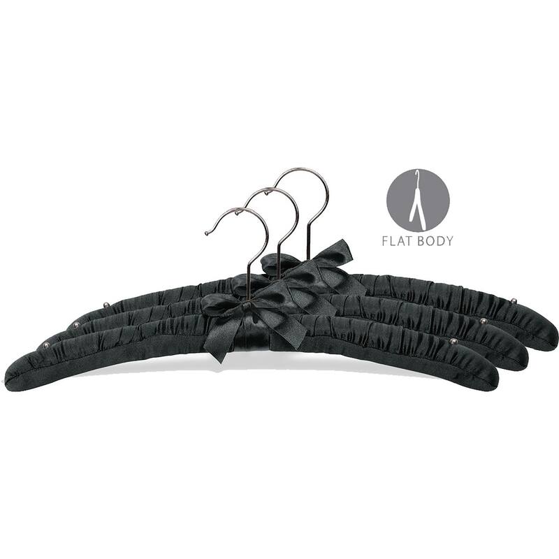 Black Satin Padded Top Hangers, Thick Padded Hangers with Box and Shoulder Studs