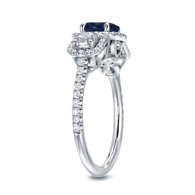 Auriya 3-Stone 1ct Blue Sapphire Cushion and 1ct TDW Diamond Engagement Ring 14k White Gold