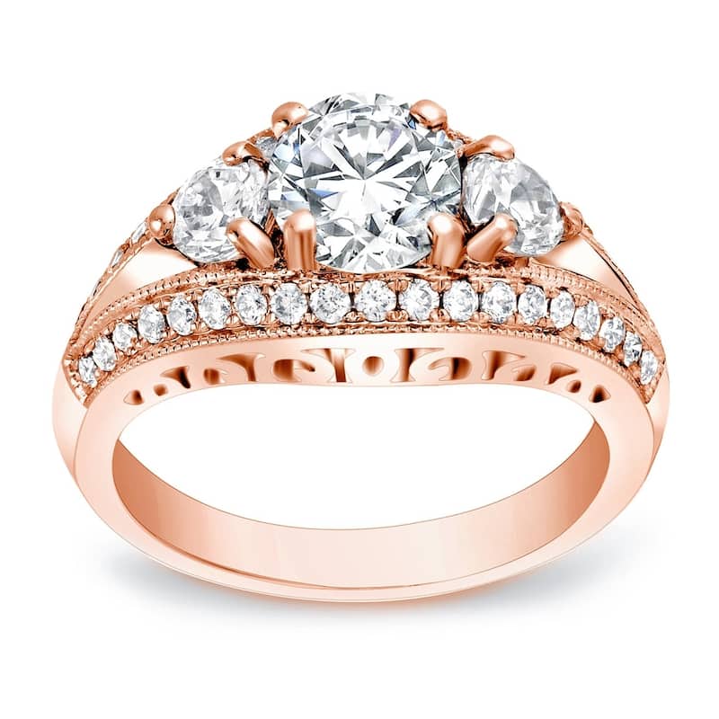 Auriya Unique 2 1/5ctw 3-Stone Diamond Engagement Ring 14K Gold Certified - 4 - Rose