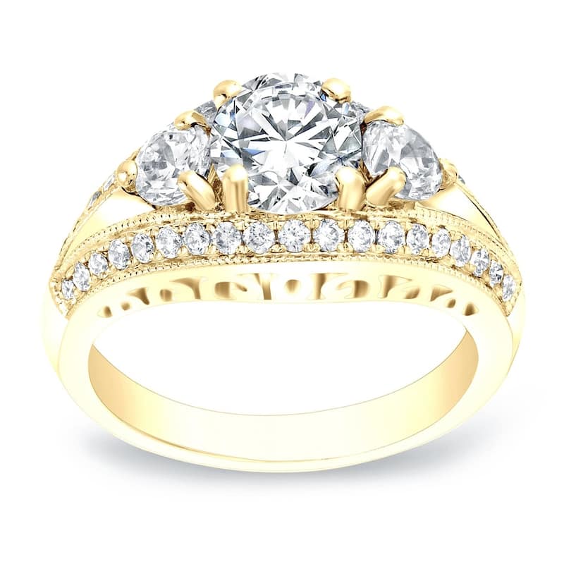 Auriya Unique 2 1/5ctw 3-Stone Diamond Engagement Ring 14K Gold Certified - 4 - Yellow