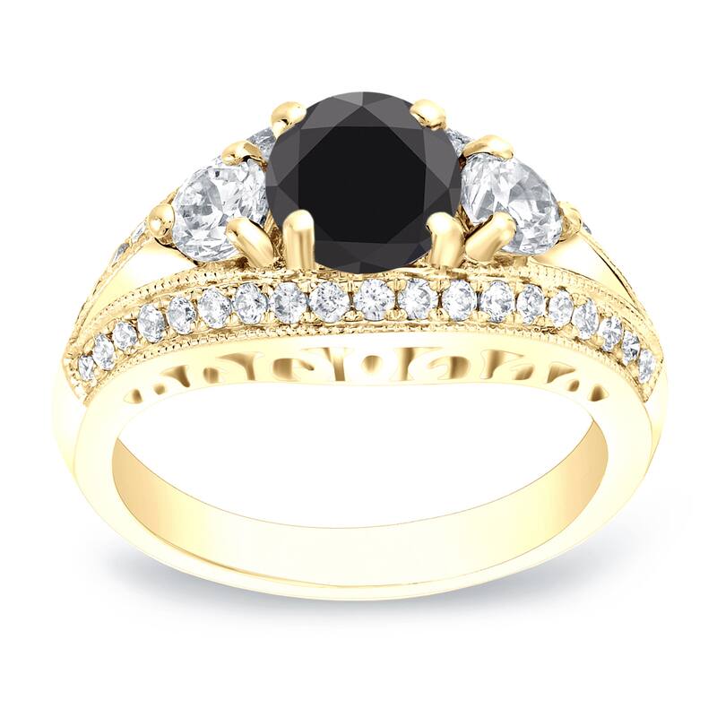 Auriya 14k Gold 2 1/2ctw Unique 3-stone Black Diamond Engagement Ring - 4 - Yellow