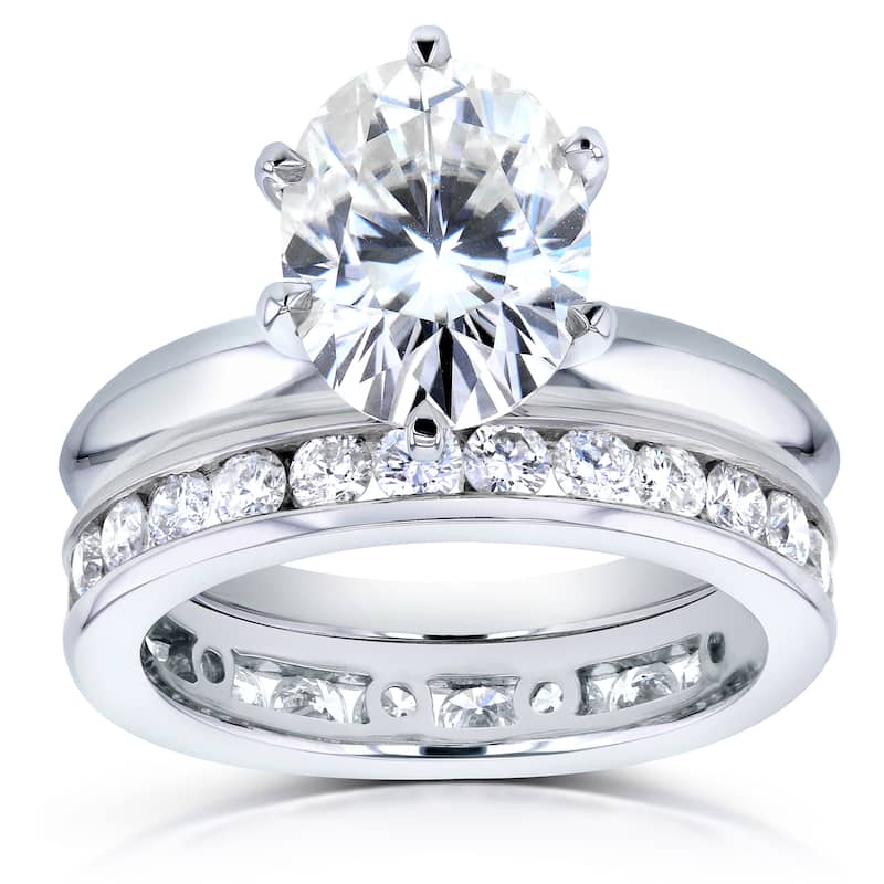 Annello by Kobelli 14k White Gold 3 1/10ct Oval Moissanite Solitaire and Diamond Channel-set Eternity Band Bridal Set