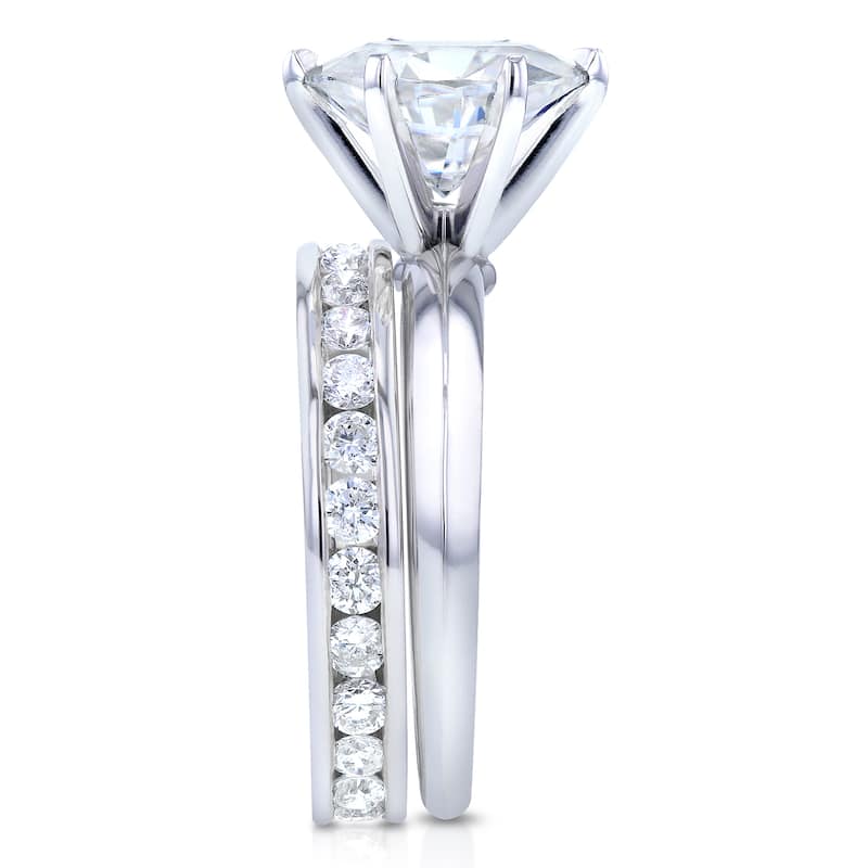 Annello by Kobelli 14k White Gold 3 1/10ct Oval Moissanite Solitaire and Diamond Channel-set Eternity Band Bridal Set