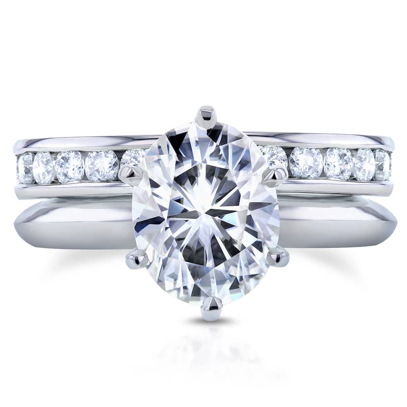 Annello by Kobelli 14k White Gold 3 1/10ct Oval Moissanite Solitaire and Diamond Channel-set Eternity Band Bridal Set - 5