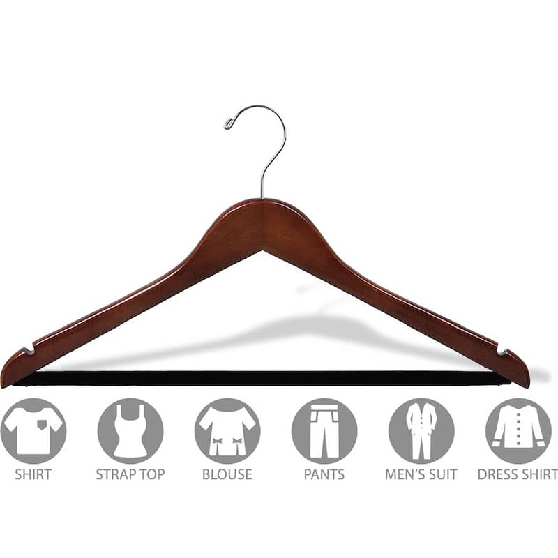 Walnut Suit Hanger with Non-Slip Bar and Notches (Case of 50)