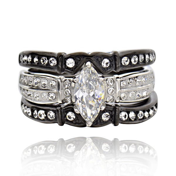Shop Stainless Steel Cubic Zirconia 3piece Black and White Bridal Ring