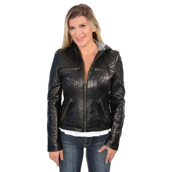 7th Ave Womens Lambskin Leather Hooded Scuba Drawstring Jacket