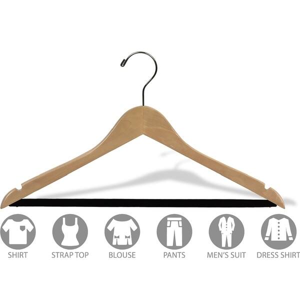 Natural Finish Notched Wooden Suit Hanger with Non-slip Bar (Case of 50 ...