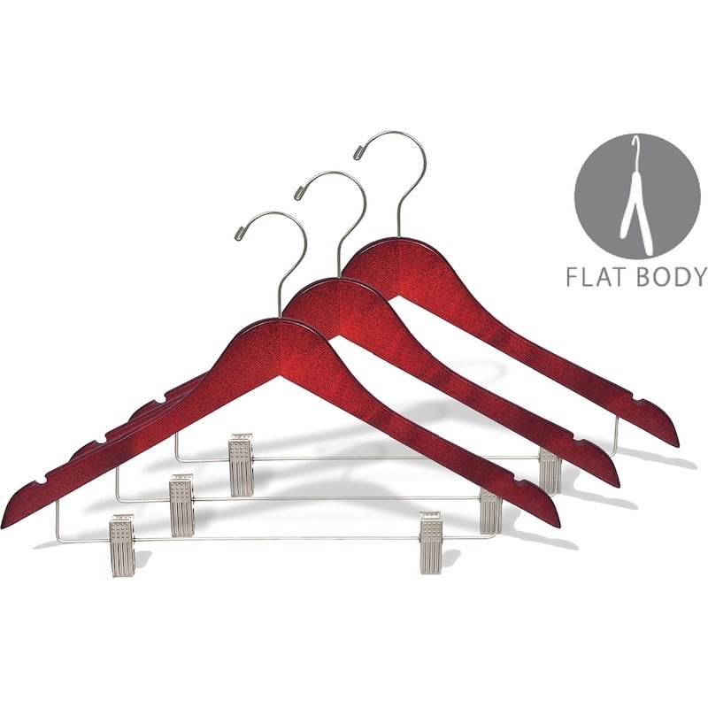 Cherry Finish Wooden Combo Hanger with Clips, Brushed Chrome Hardware (Box of 50)