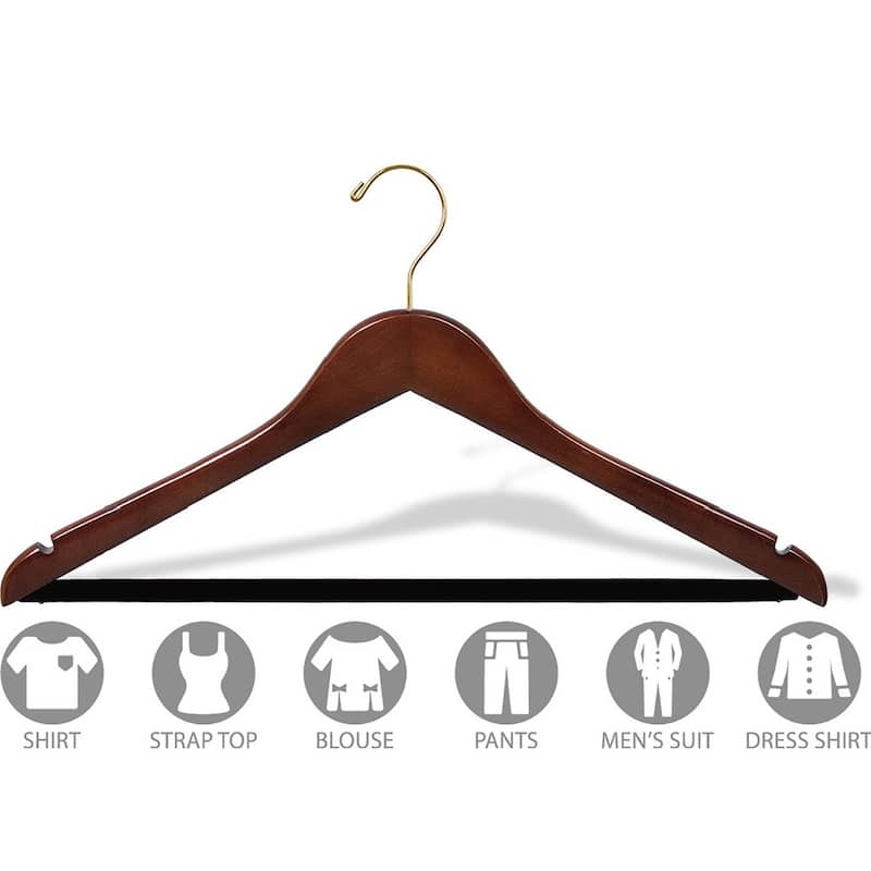 Walnut Finish Wooden Suit Hanger with Non-slip Bar and Notches (Case of 100)