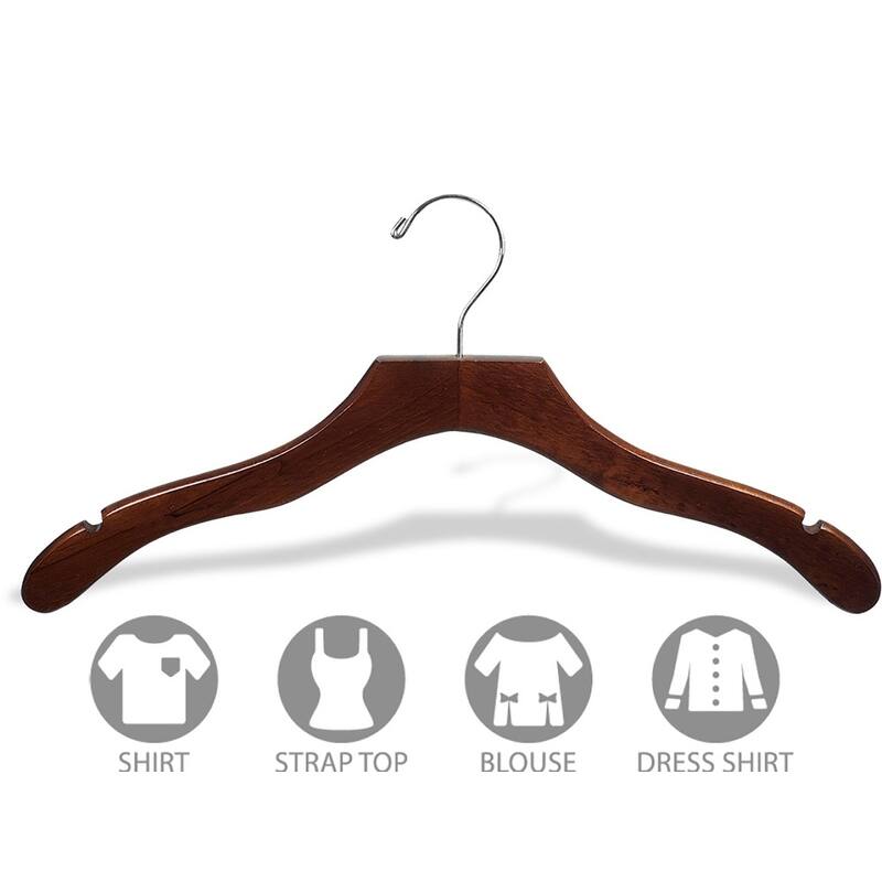 Walnut Finish Wavy Suit Hanger with Solid Wood Pant Bar and Chrome Hardware (Case of 100)