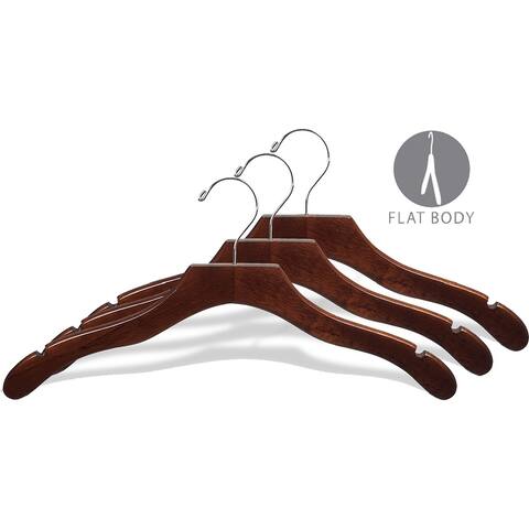 Walnut Finish Wavy Suit Hanger with Solid Wood Pant Bar and Chrome Hardware (Case of 100)