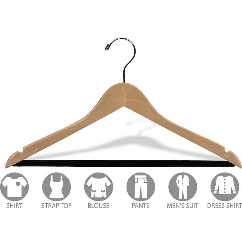 Extra Large Natural Finish Notched Wooden Suit Hanger with Non-slip Bar, 17 Inch Long Hanger with Notches (box of 25)