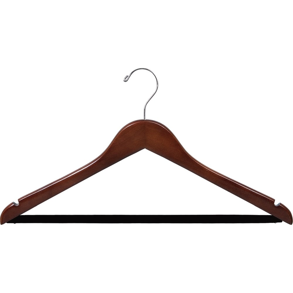 Walnut Finish Notched Wooden Suit Hanger with Non-slip Bar (Case of 25)