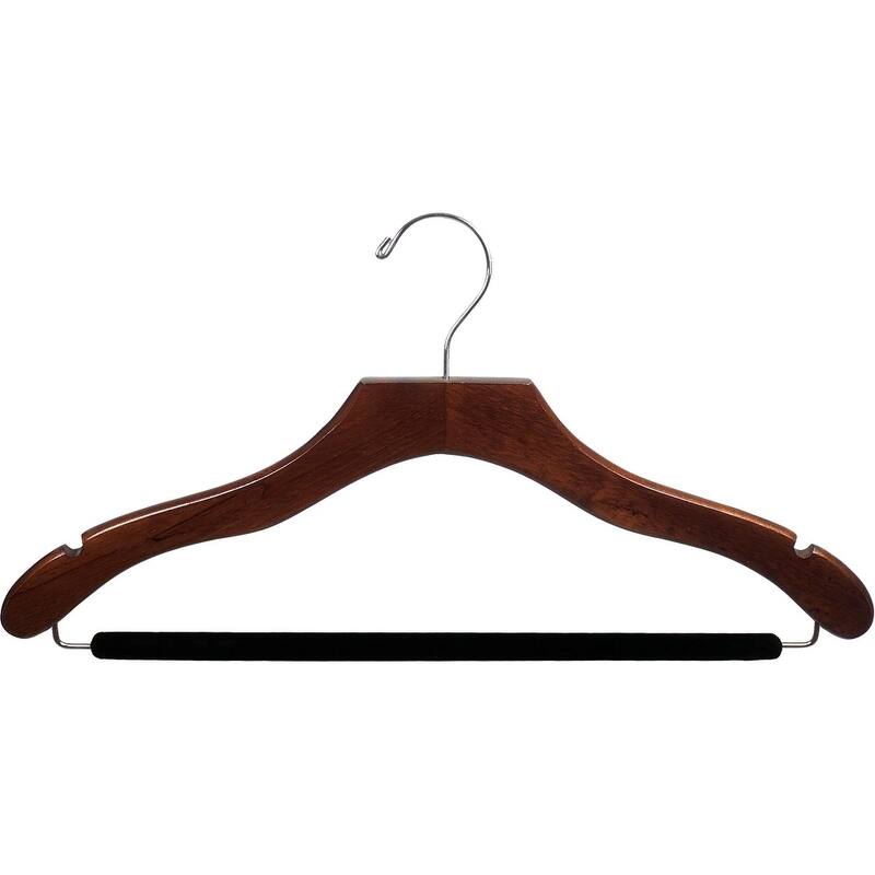 Wavy Walnut Suit Hanger with Non-slip bar and Notches (Box of 25)