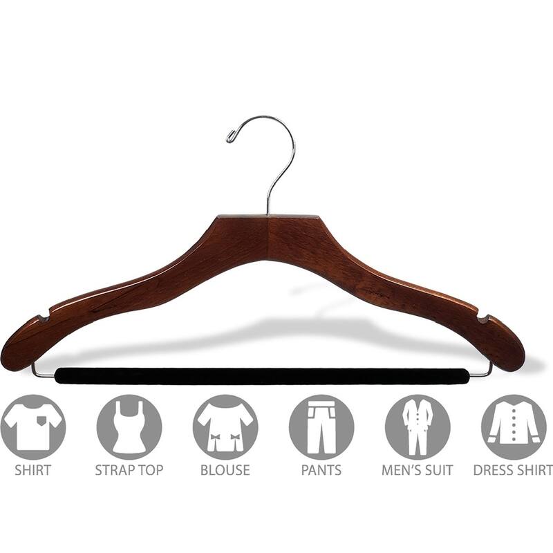 Wavy Walnut Suit Hanger with Non-slip bar and Notches (Box of 25)