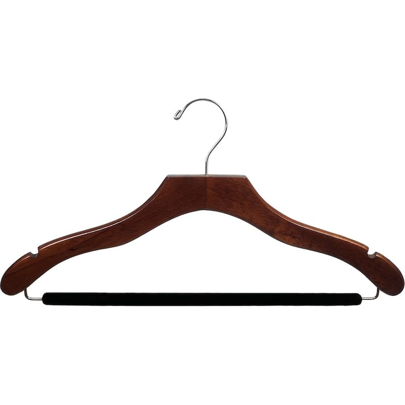 Wavy Walnut Suit Hanger with Non-slip bar and Notches (Box of 25) - Wavy Design, Walnut Finish, Non-Slip bar, 17"