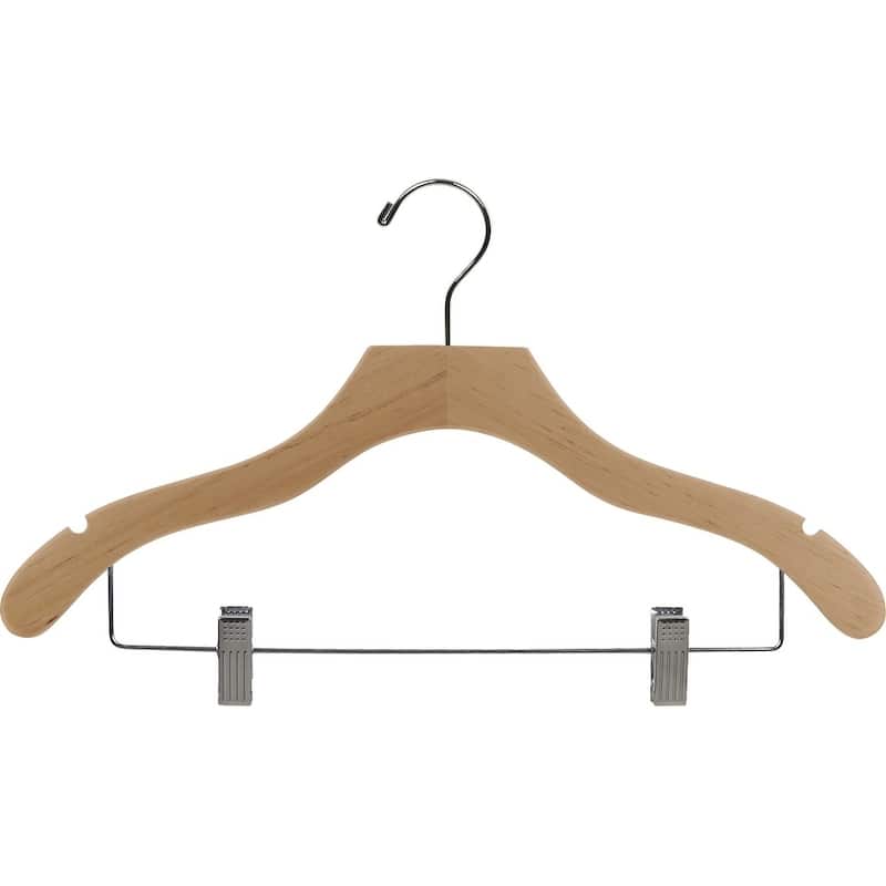 Natural Wavy Combo Hanger with Clips and Notches (Box of 100) - Wavy Design, Anti-Stain Clips, 17", Natural Finish