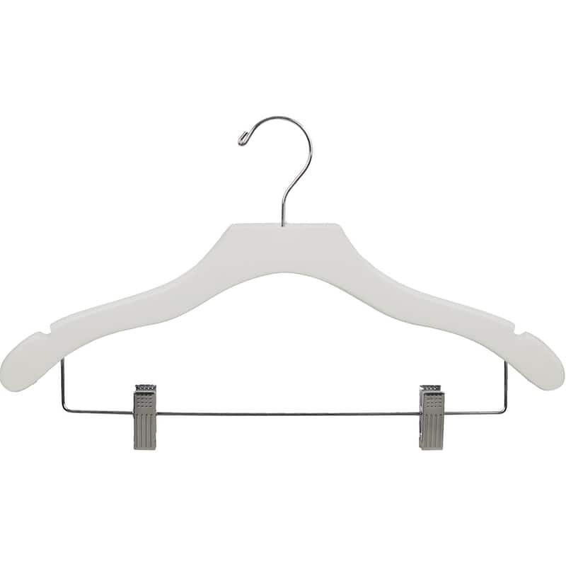 White Notched Wavy Combo Hanger with Clips (Case of 50) - Wavy Design, Anti-Stain Clips, 17", White Finish