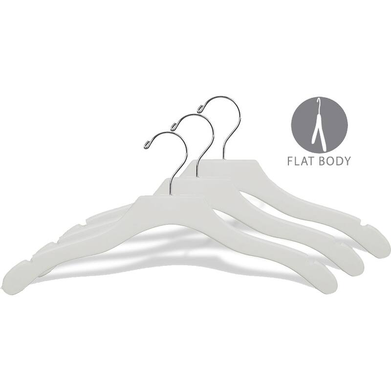 White Wavy Top Hanger, Box of 25 Flat Hangers with Notches and Chrome Swivel Hook