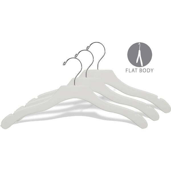 White Wooden Top Hanger, (Box of 8) Space Saving 17 Inch Flat Hangers with  Chrome Swivel Hook & Notches for Hanging Straps 