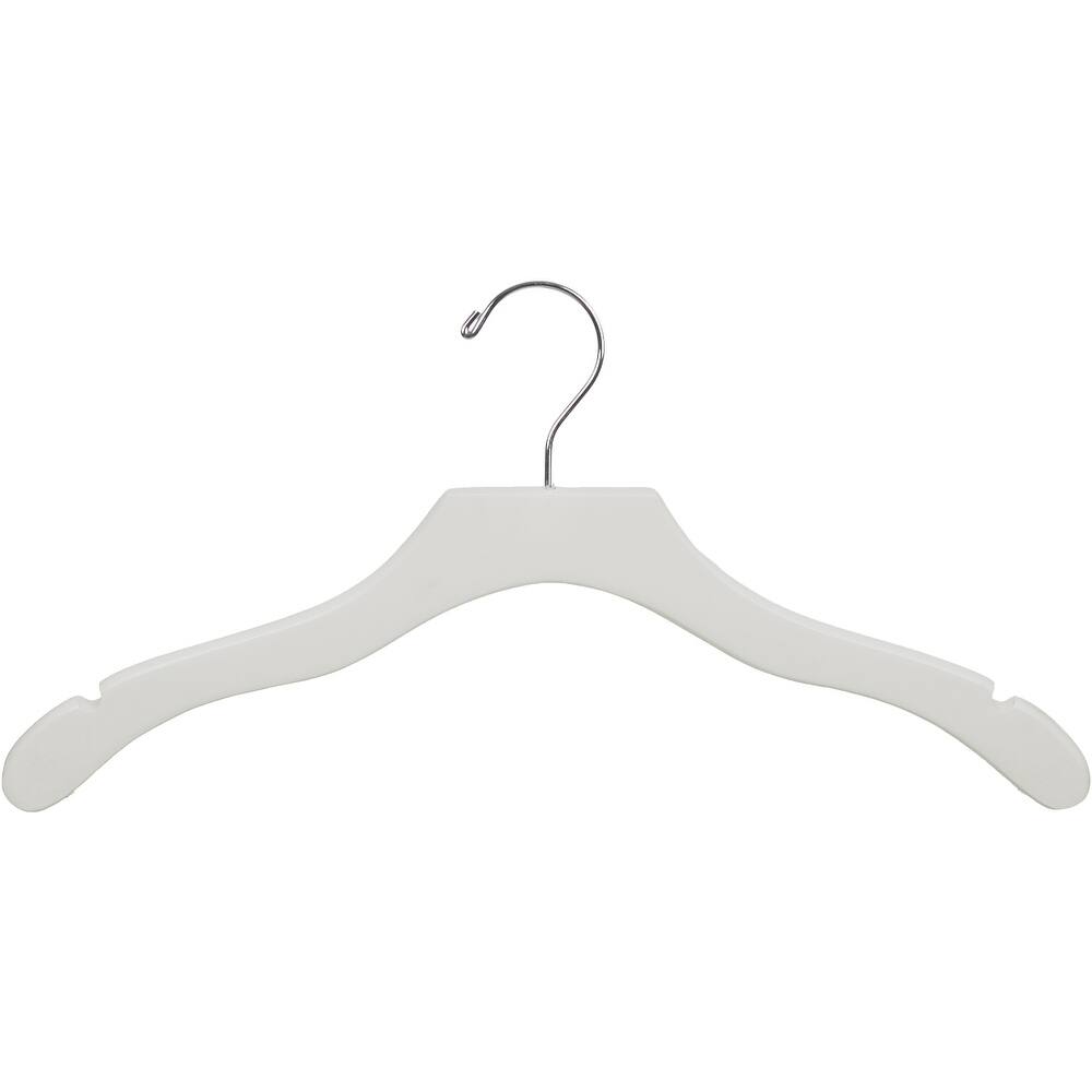 White Wavy Top Hanger, Box of 25 Flat Hangers with Notches and Chrome Swivel Hook
