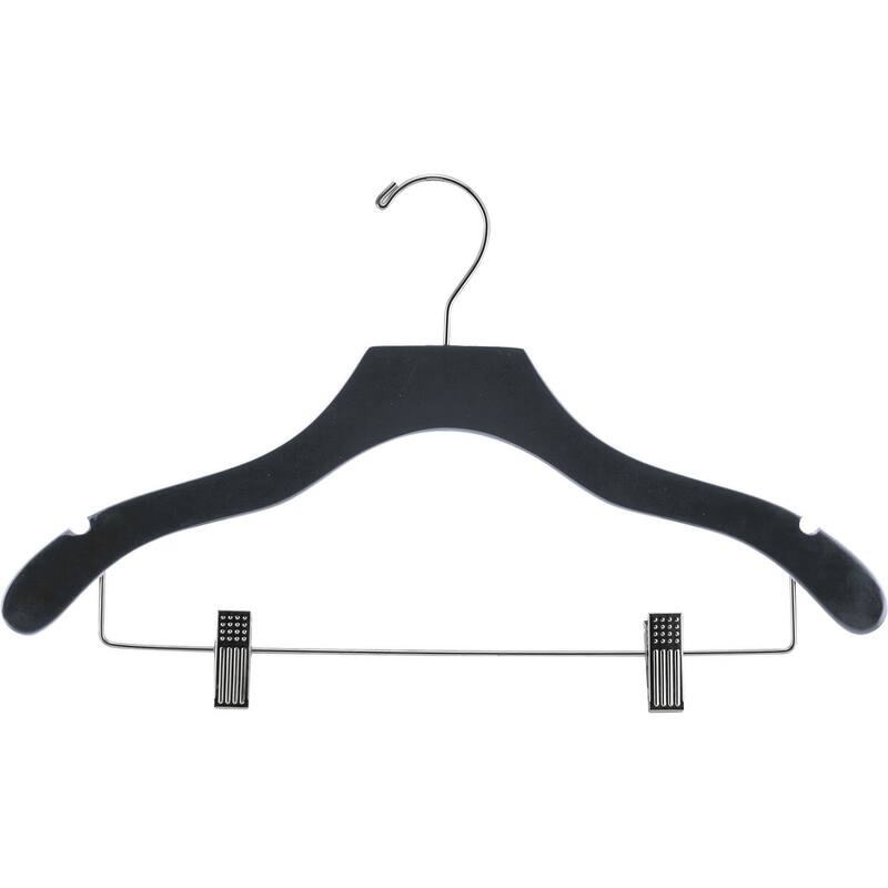 Black Wavy Combo Hanger with Adjustable Cushion Clips, Box of 50 Hangers with Notches and Chrome Hook - Wavy Design, Anti-Stain Clips, 17", Black Finish